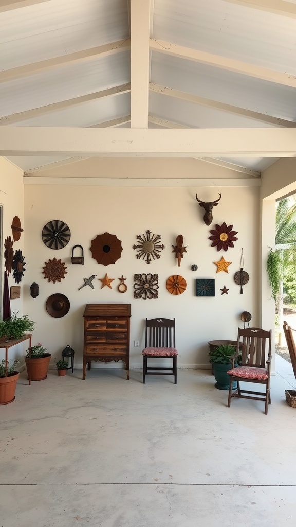 A covered patio with a variety of artistic wall decor including wooden and metal pieces, along with plants and seating.