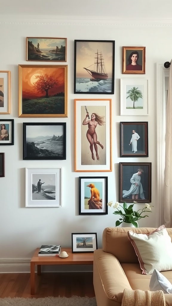 Gallery wall with various framed artworks, including landscapes and portraits, alongside a cozy couch and a small table.