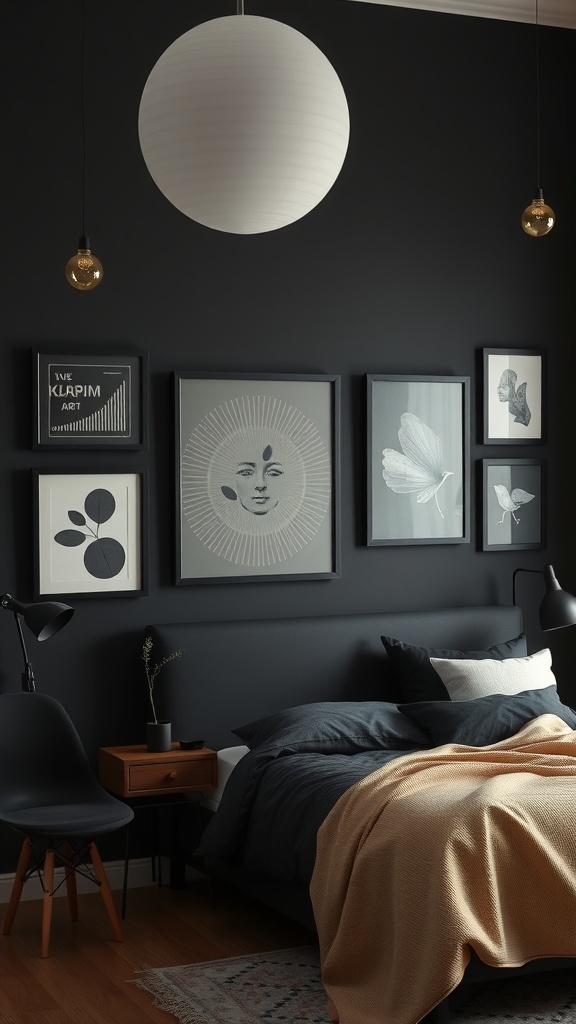 A cozy bedroom featuring black walls and artistic wall decor, including framed monochrome artworks.