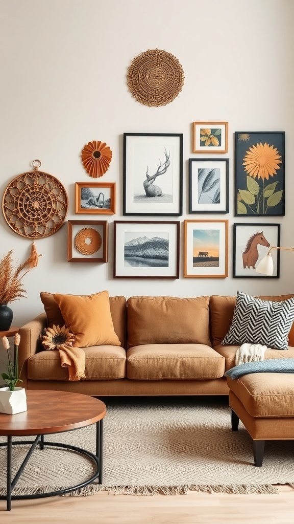 Artistic wall decor in a brown living room with framed art and woven decorations