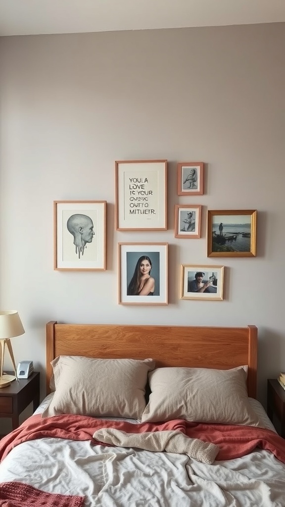 A stylish bedroom with artistic wall decor featuring framed pictures and a quote.