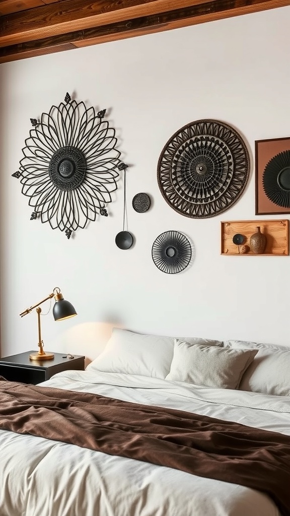 A cozy bedroom featuring artistic black wall decor and a brown blanket on the bed.