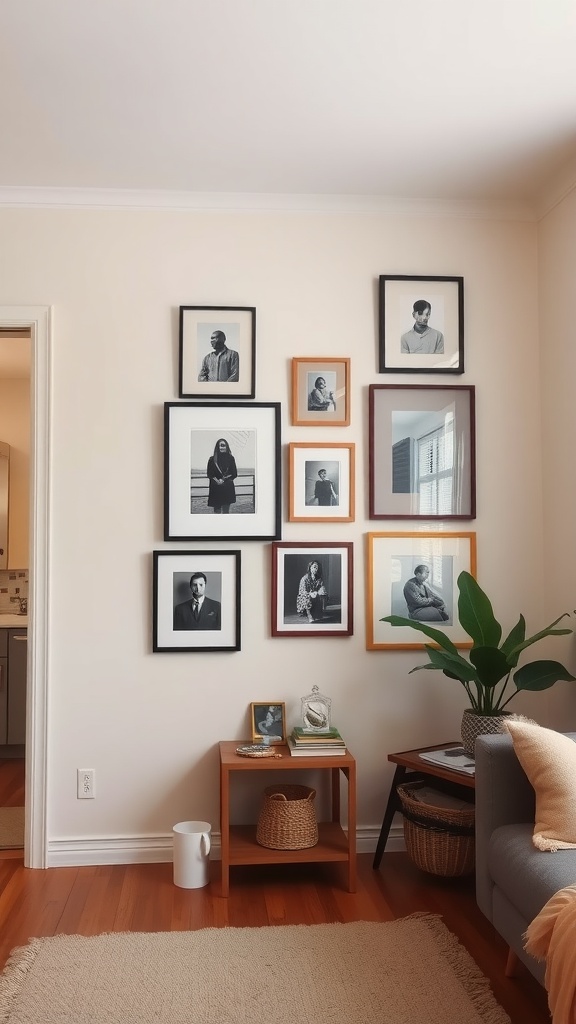 A cozy apartment wall featuring a gallery of black-and-white framed photos, with a small side table and plant nearby.