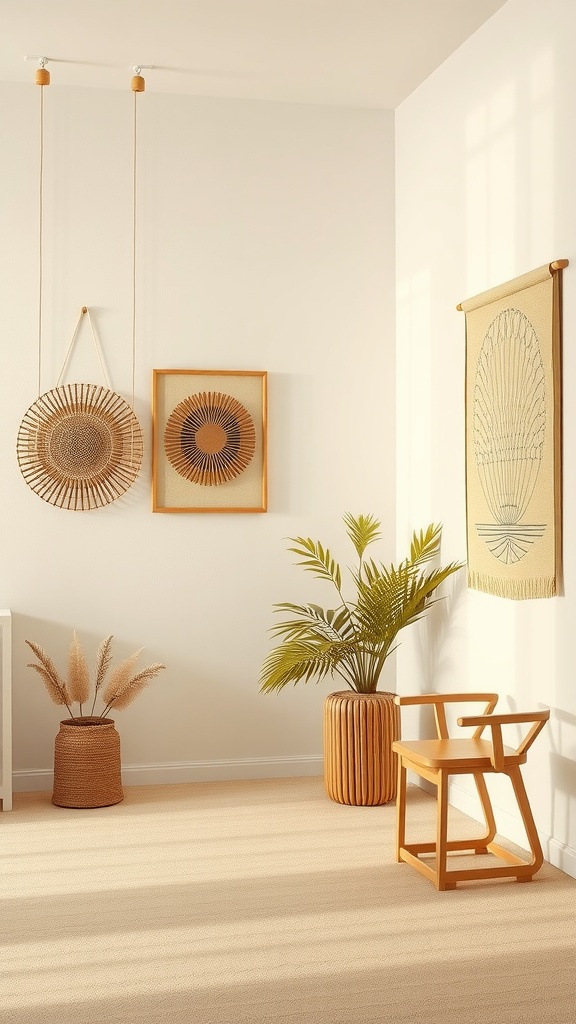 A cozy bedroom corner featuring artistic wall hangings including woven baskets and framed wall art, complemented by plants and natural wood furniture.