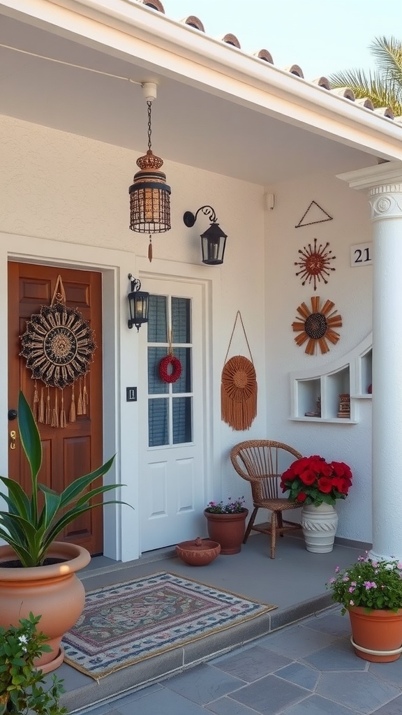 Artistic wall hangings on a front patio, featuring various textures and a cozy atmosphere.