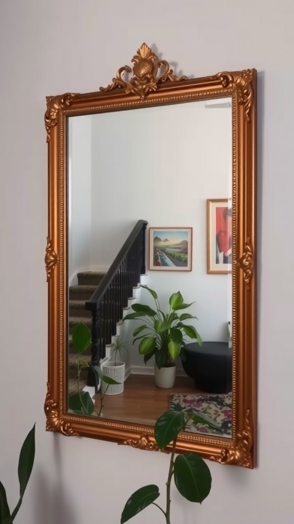 A decorative golden-framed mirror reflecting an inviting hallway with plants and artwork in the background.