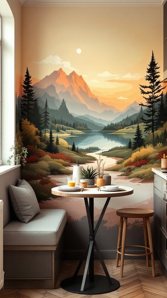 A cozy kitchen nook featuring a wall mural of mountains and a lake, with a round table and comfortable seating.