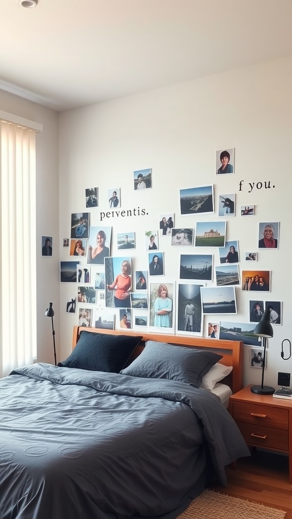 A bedroom with a wall mural made of various personal photographs.