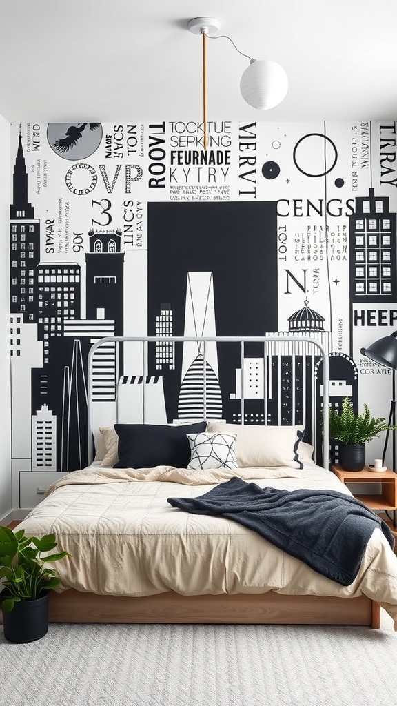 A black and white wall mural featuring cityscapes and typography in a modern bedroom.