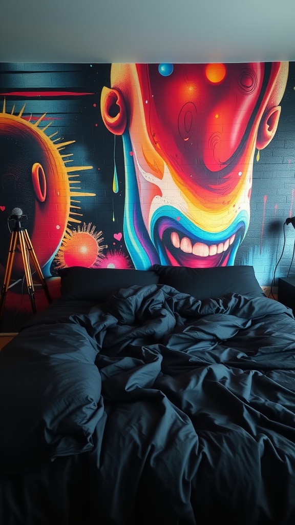 A vibrant wall mural featuring colorful designs above a black comforter bed