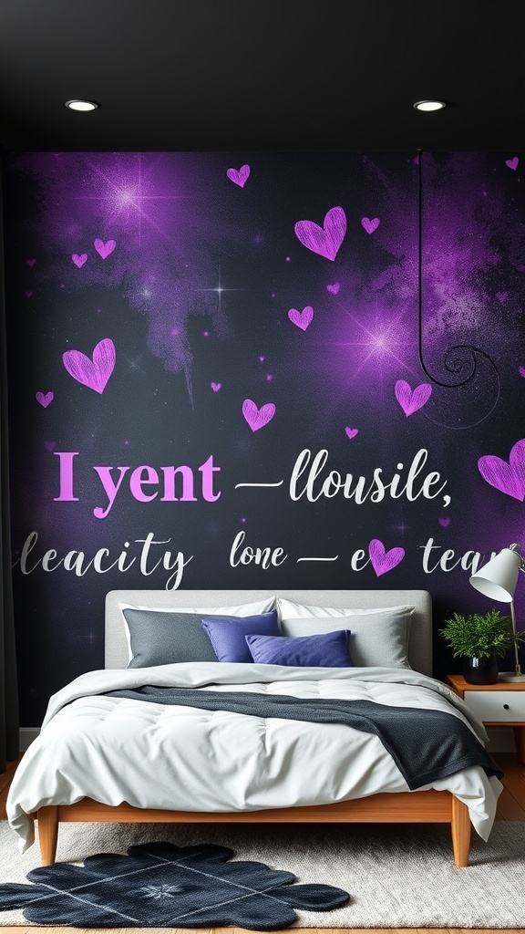 A black and purple bedroom mural featuring hearts and a cosmic theme.