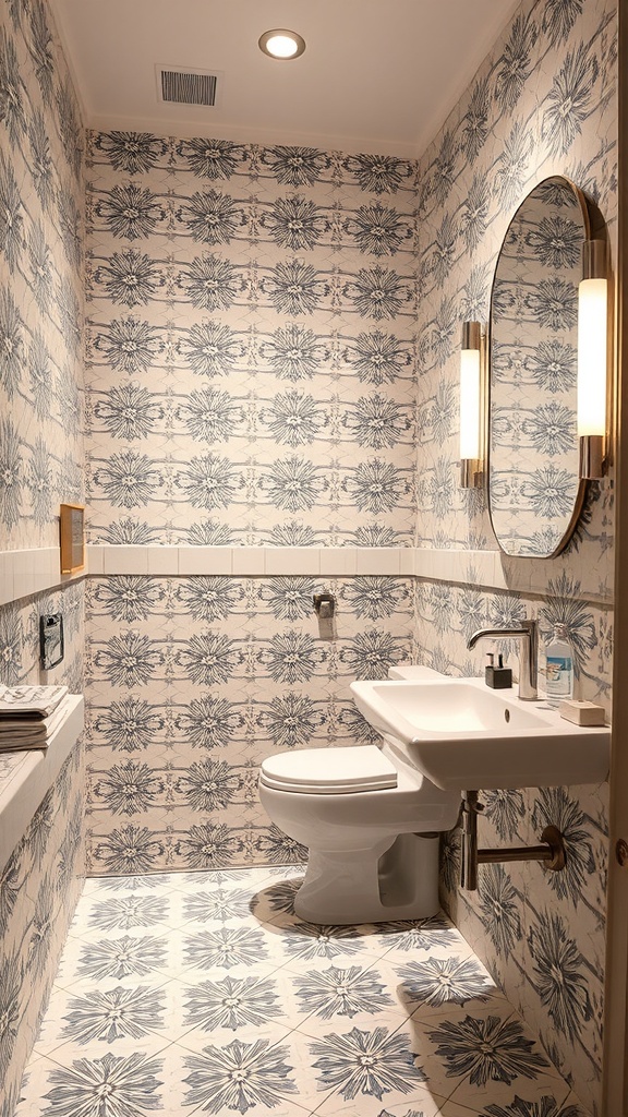 A hotel bathroom featuring artistic floral wall tiles in blue and white.