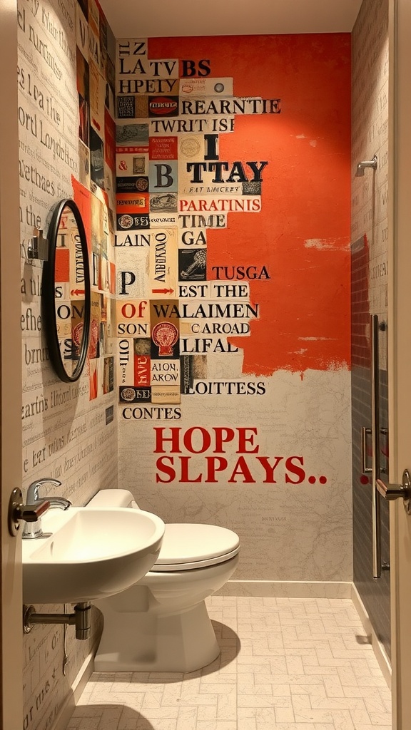 Artistic wall treatments in a bathroom featuring a vibrant orange wall with text and graphics.