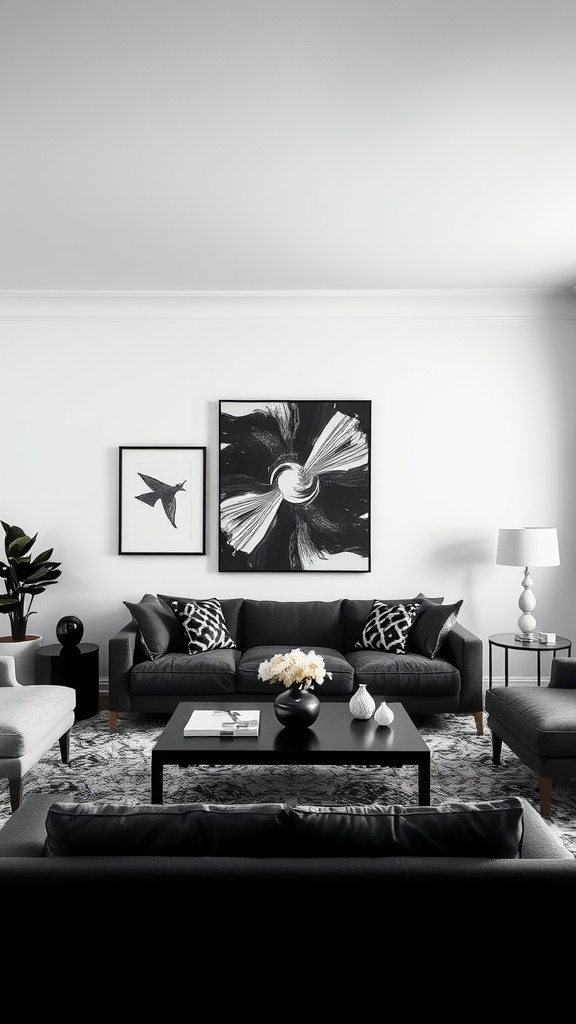 Black and white aesthetic living room with striking artwork