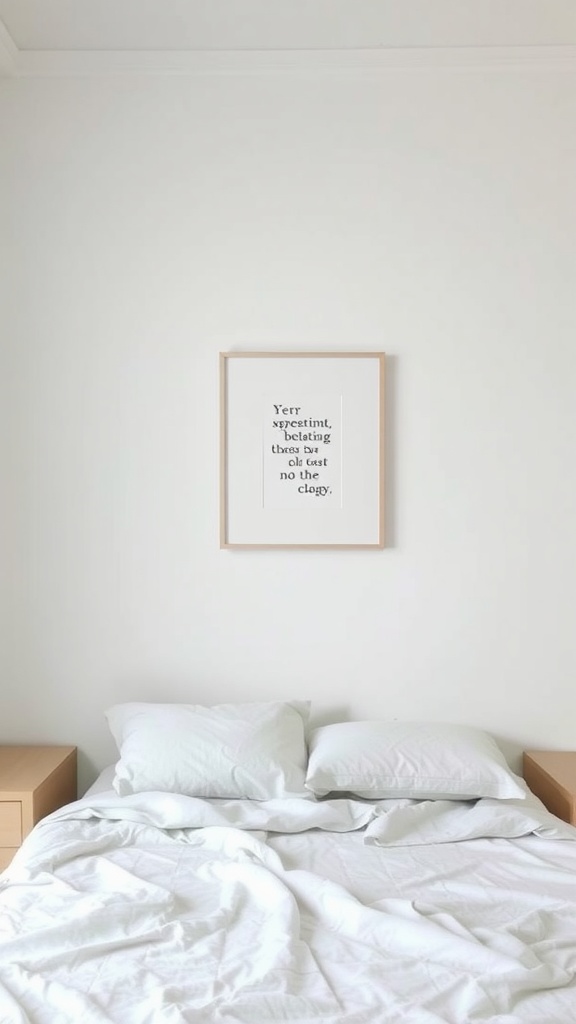 A minimal bedroom featuring a neatly made bed with white bedding and a framed artwork on the wall.