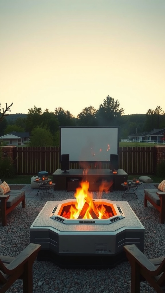 Cozy backyard fire pit setup for a movie night, featuring a modern fire pit, seating, and a projection screen.