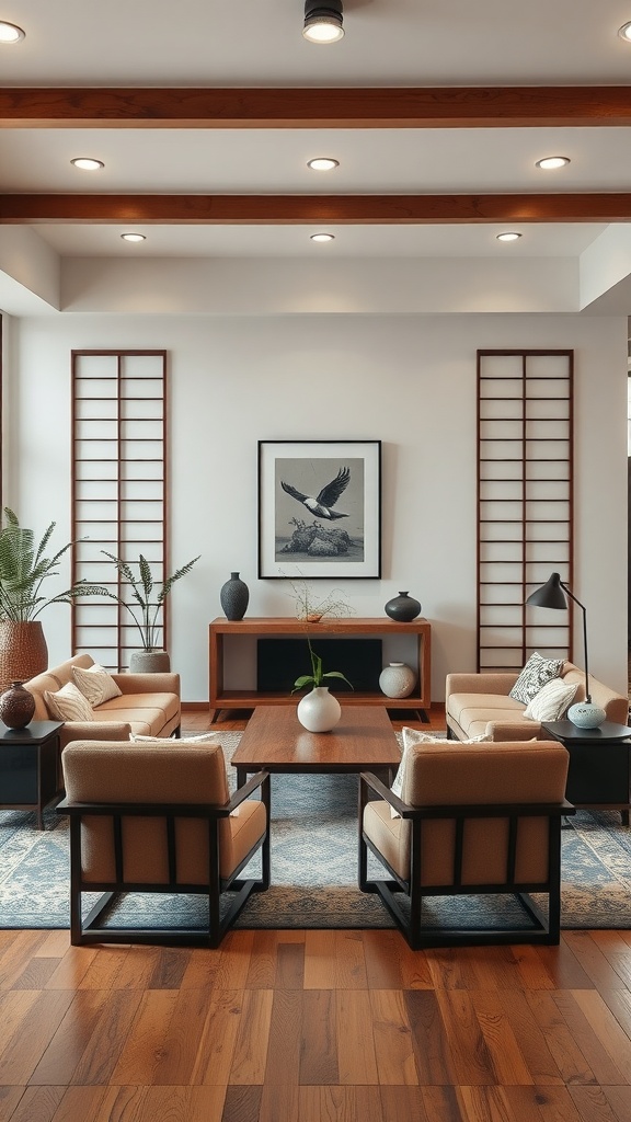 A stylish Korean living room featuring balanced symmetry in furniture arrangement with matching chairs, a central coffee table, and decorative elements.