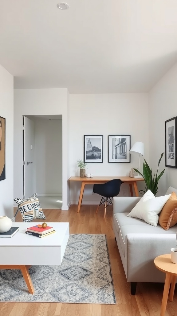 A cozy studio apartment featuring a modern design with a comfortable sofa, a sleek coffee table, and a stylish workspace.