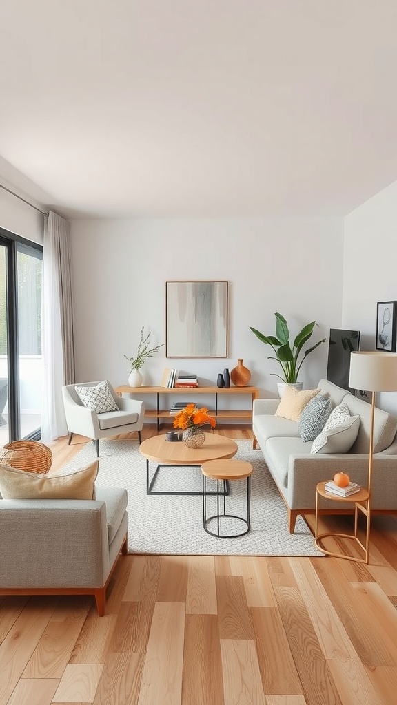 Cozy living room with light colors, modern furniture, and natural decor.