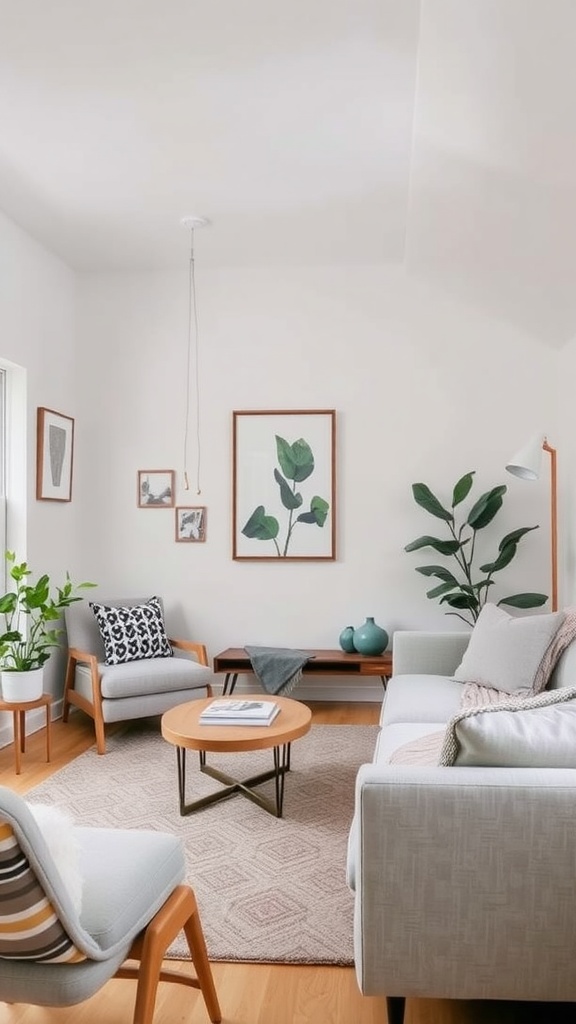 A small, stylish living room with two chairs, a sofa, and decorative plants.