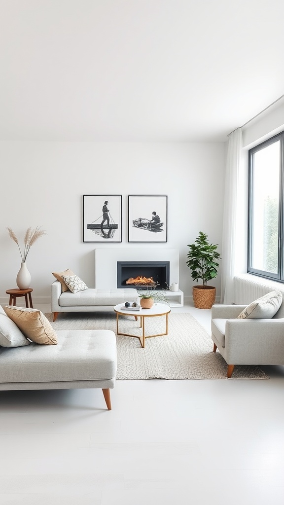 A minimalist living room featuring two light-colored sofas, a round coffee table, and decorative art on the walls.