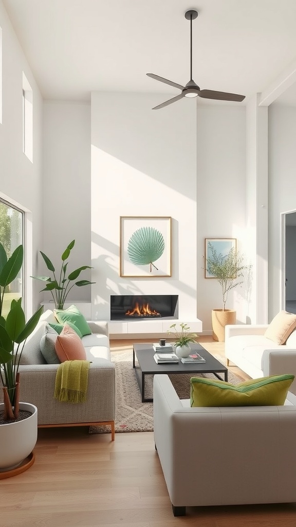 A bright living room featuring green plants, neutral-toned furniture, and soft green accents.