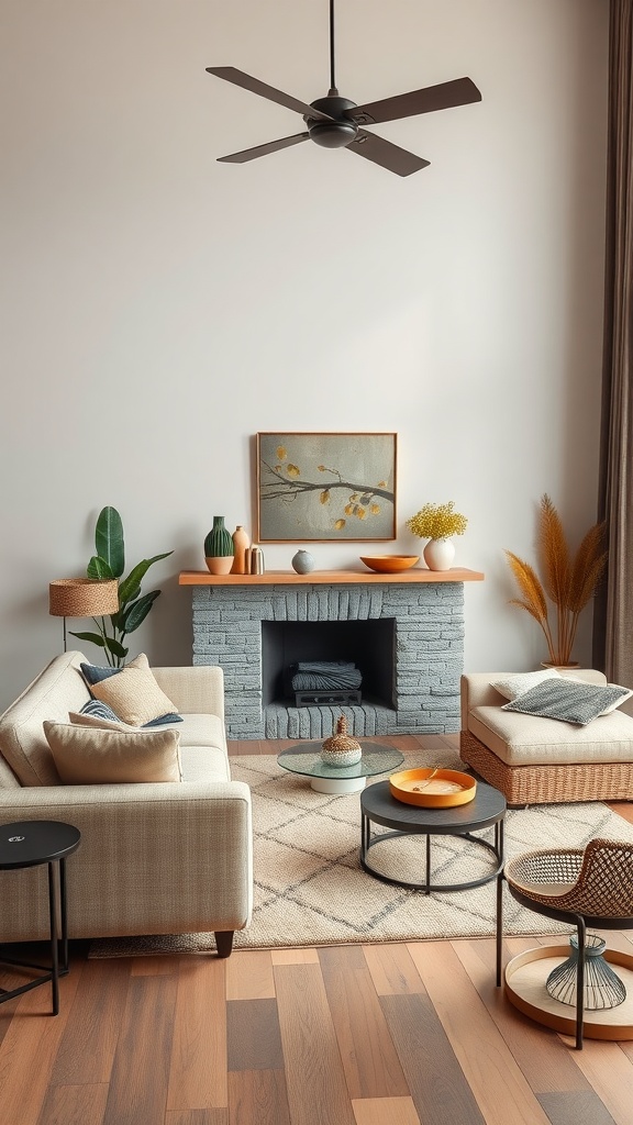 A cozy brown living room with a light beige sofa, dark wooden flooring, and a grey fireplace, featuring plants and decorative pieces.