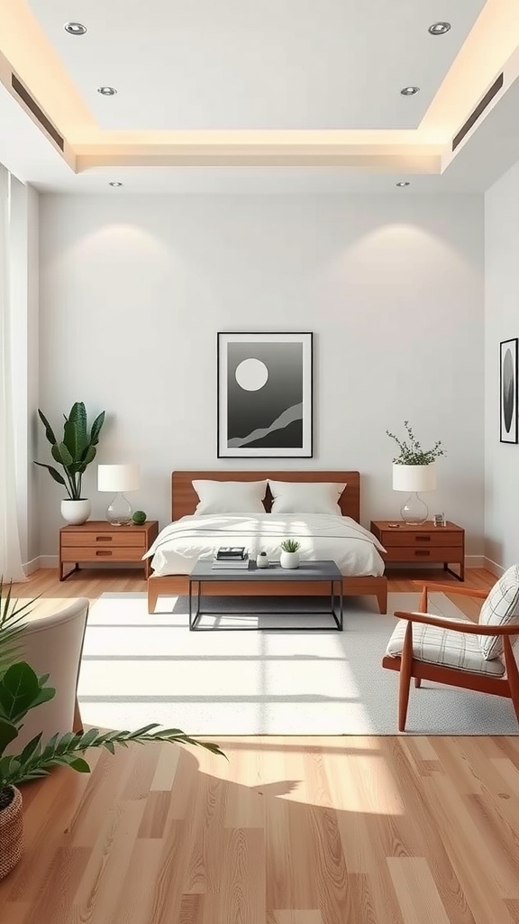 A minimal bedroom featuring a central bed, symmetrical nightstands, and natural light.