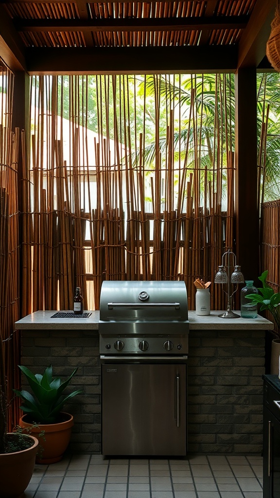 An outdoor kitchen with a bamboo privacy screen, featuring a grill and plants.