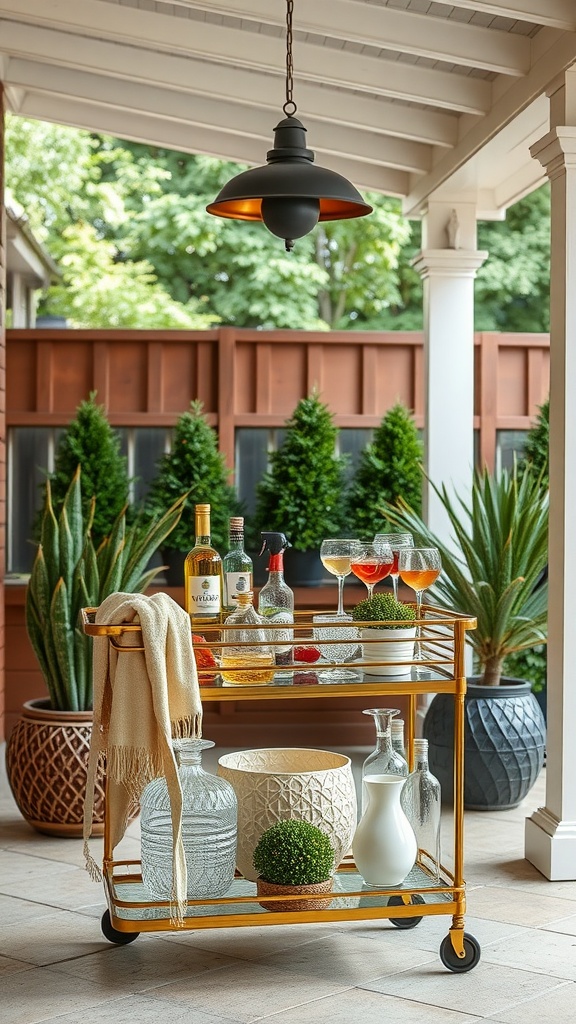 A stylish bar cart on a covered back patio with drinks, glassware, and decorative plants.