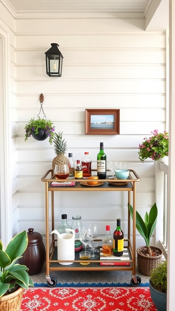 A small back porch with a stylish bar cart containing drinks and glassware, surrounded by plants and decor.