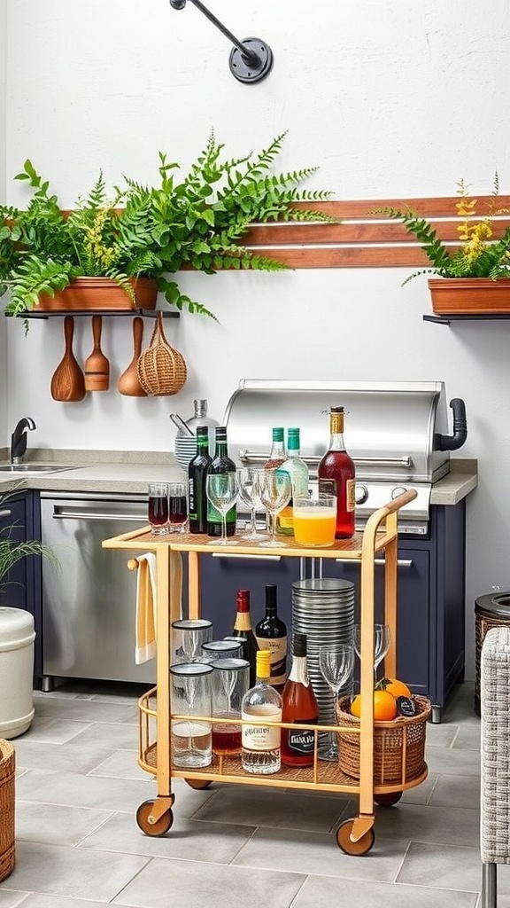 A stylish bar cart filled with drinks, glasses, and oranges in a small outdoor kitchen.