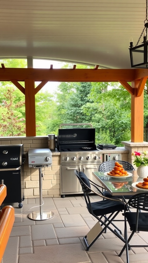 A covered patio featuring a barbecue and grilling station with a stainless steel grill, a smoker, and a dining area.