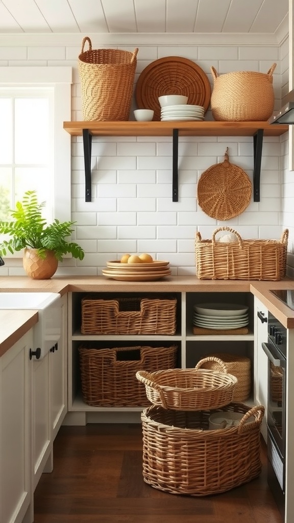 A farmhouse kitchen with various woven baskets used for storage, showcasing a cozy and organized look.