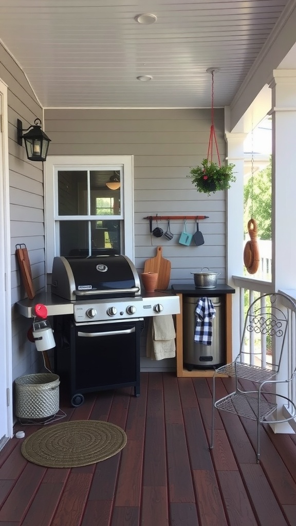 A back porch with a grill, utensils, and a cozy chair.