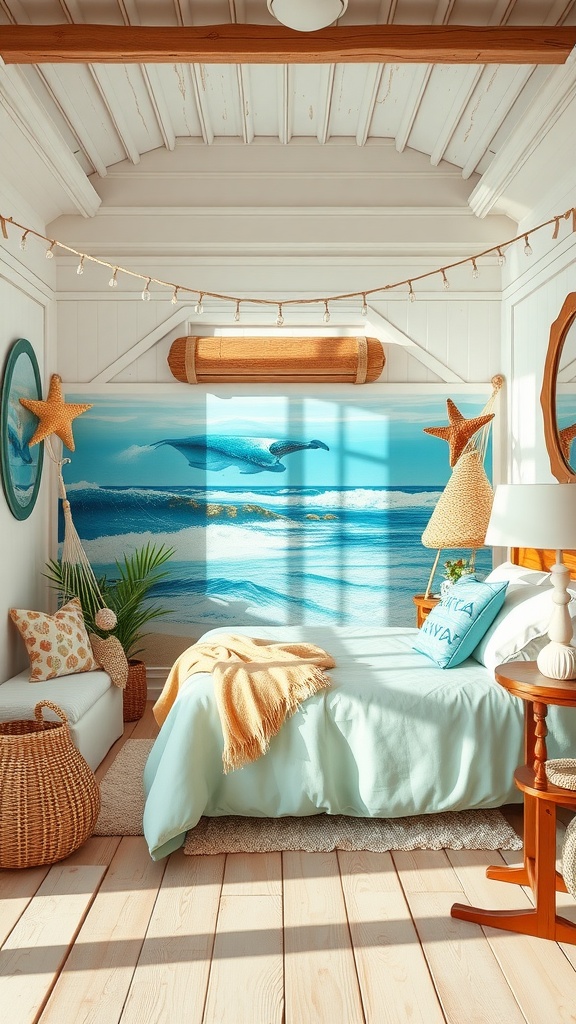 A beach-inspired teen bedroom featuring a mural of ocean waves, light-colored furniture, and natural decor.