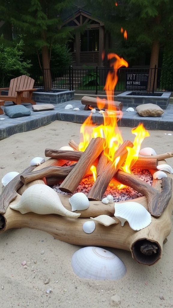 A beach-themed fire pit made of wooden logs with flames, surrounded by seashells and driftwood on sand.