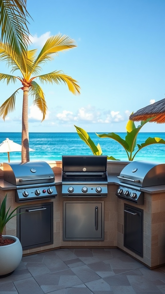An outdoor kitchen with stainless steel grills overlooking the beach