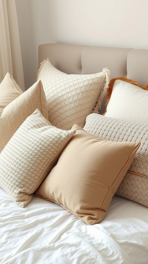 A collection of beige accent pillows on a bed, showcasing various textures and patterns.