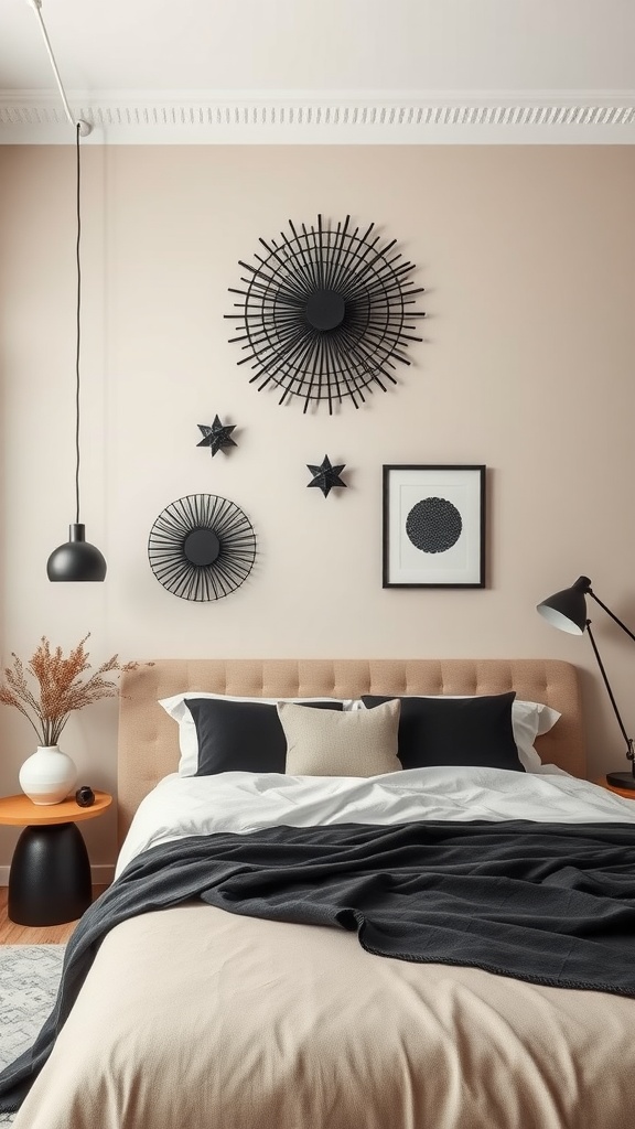 Bedroom with a beige accent wall and black decor, featuring decorative wall pieces and stylish bedding.