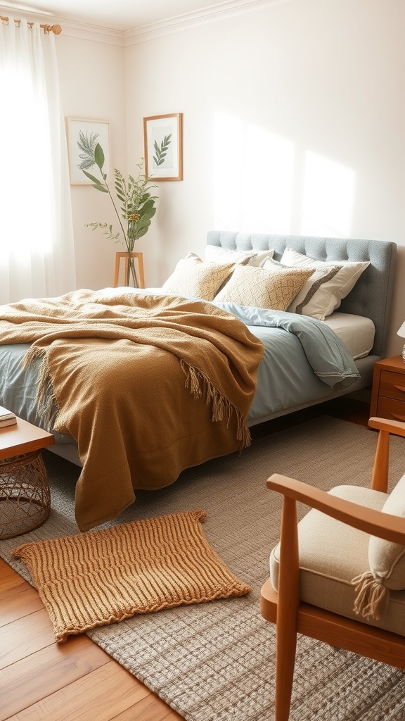 A cozy bedroom featuring beige accents, a knitted throw blanket, and natural decor elements.