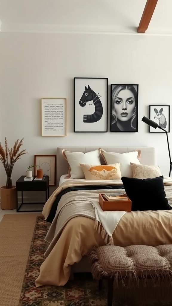 A cozy bedroom featuring beige bedding, black decor accents, and eclectic wall art.