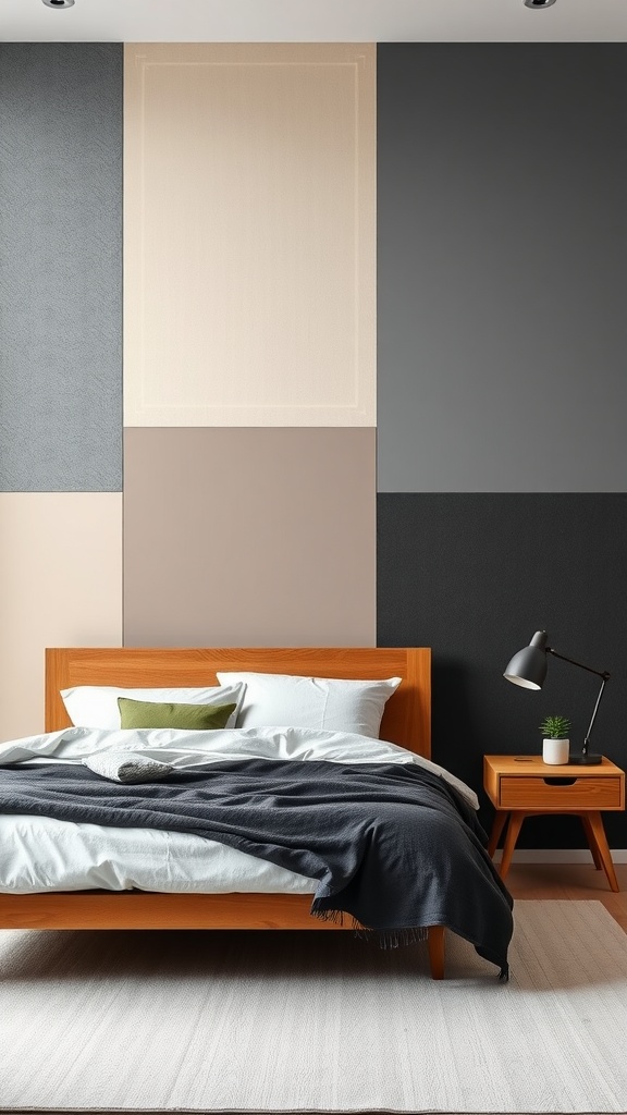 A modern bedroom featuring beige and gray color block walls, a wooden bed frame, and stylish decor.