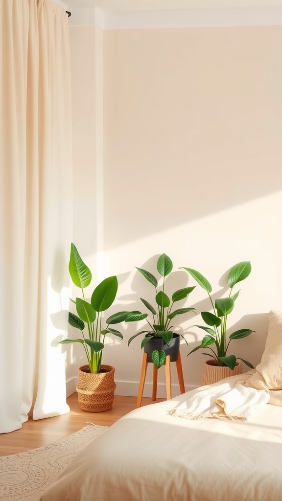 A cozy beige bedroom featuring green plants in woven pots and a wooden plant stand, with soft natural light illuminating the space.