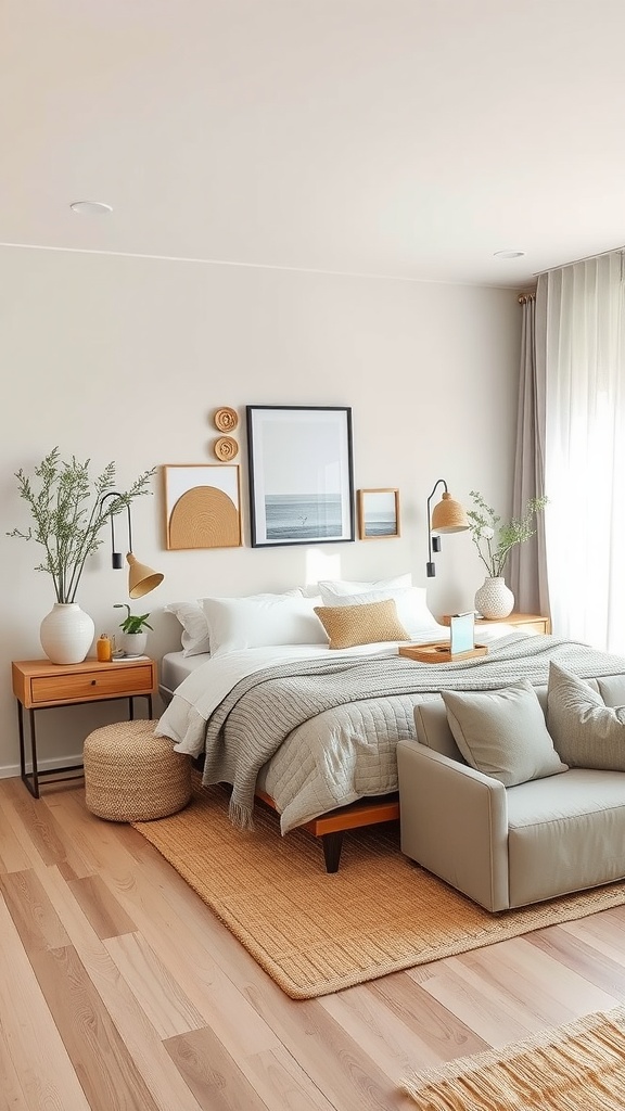 A cozy beige bedroom featuring natural wood elements, soft bedding, and decorative plants.