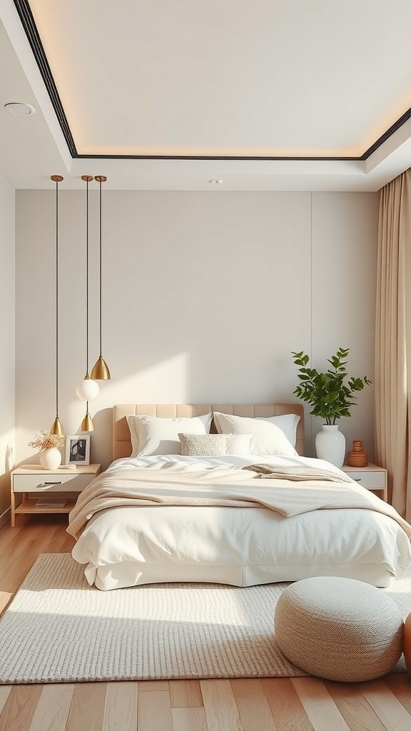Cozy beige and white bedroom with modern lighting and a potted plant
