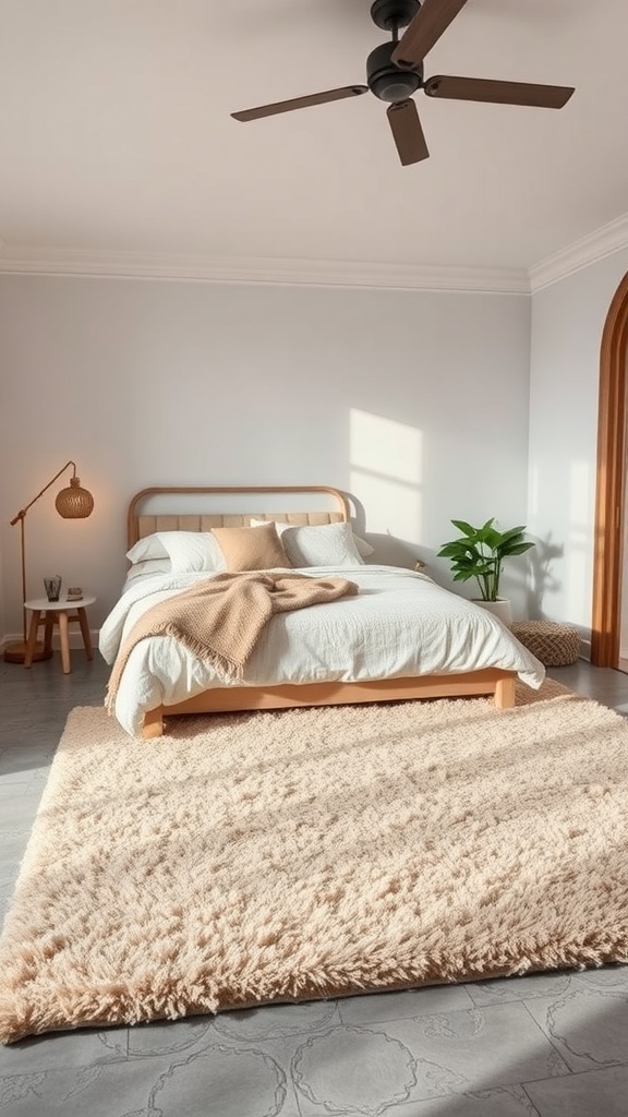 A cozy bedroom featuring a beige area rug, light gray flooring, a wooden bed, and natural light.