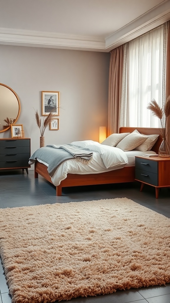 A stylish bedroom featuring a beige area rug on grey flooring, with modern furniture and soft lighting.