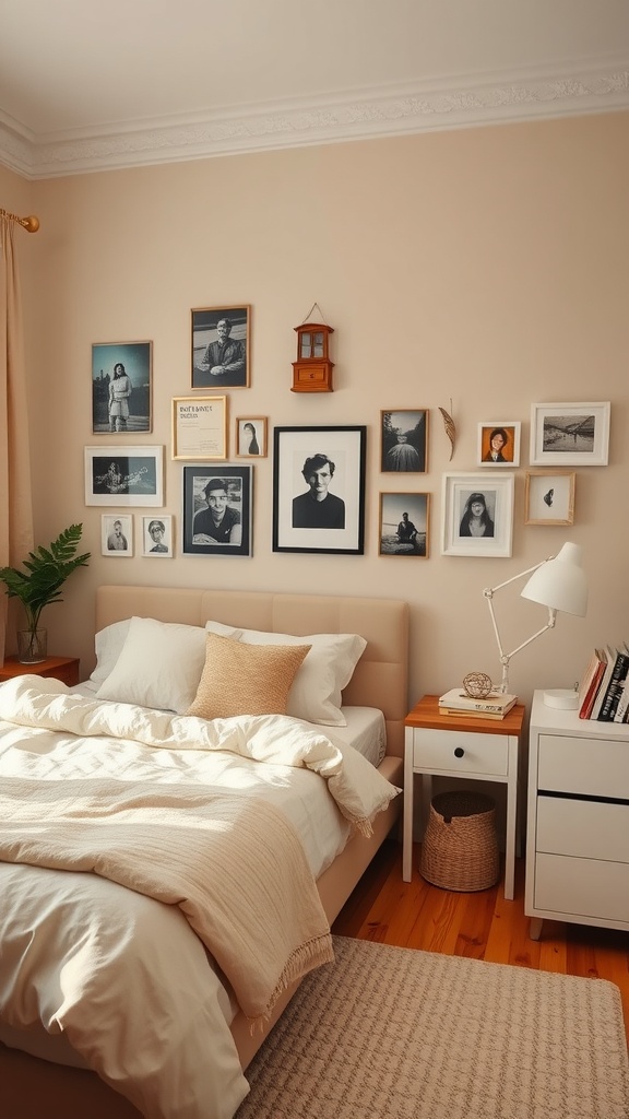 A cozy beige bedroom featuring a gallery wall of framed photos, light bedding, and a bedside table with a lamp and books.