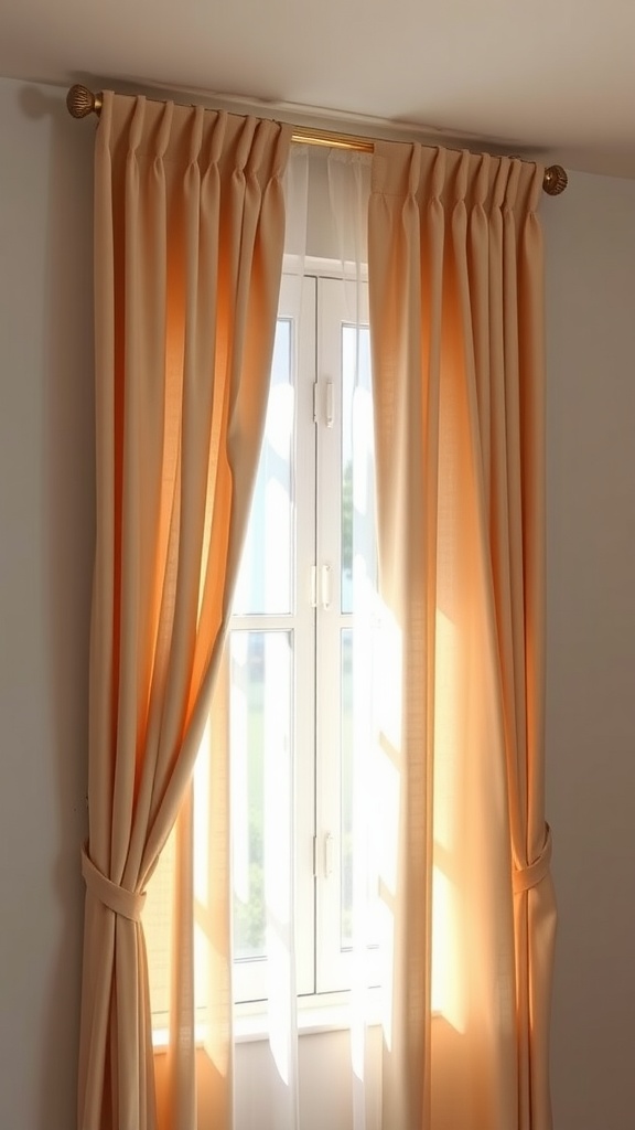 Beige curtains hanging by a window, allowing natural light to enter a bedroom